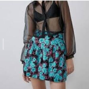 Zara Blue Whimsigoth Floral Pleated Gathered Mini Skirt